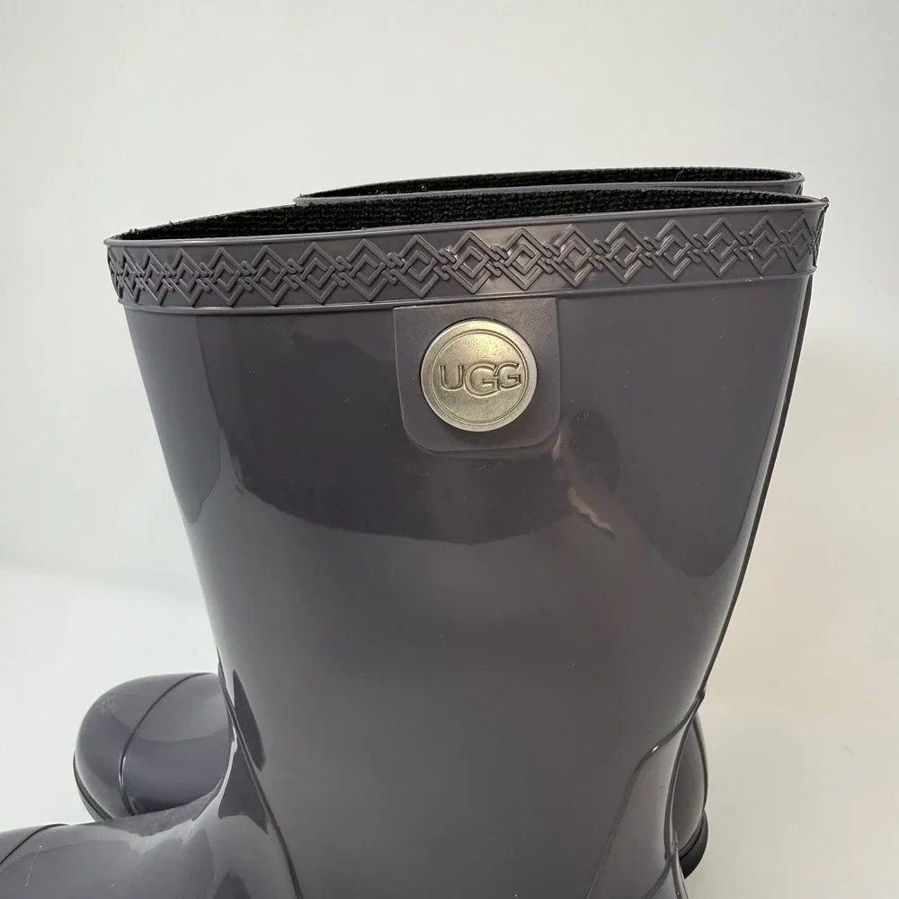 UGG Shaye Rain Boots Dark Grey Glossy Waterproof Mid Calf Boots Womens Size 9